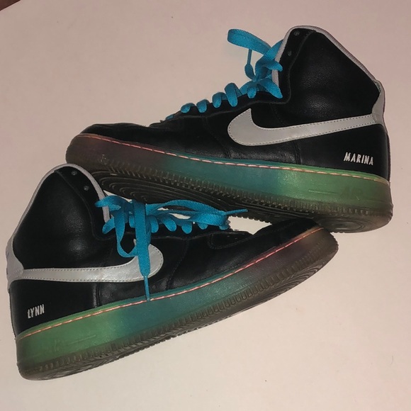Size 9.5 Nike Air Force One High-Top Sneakers in Black with Blue Laces main image 7
